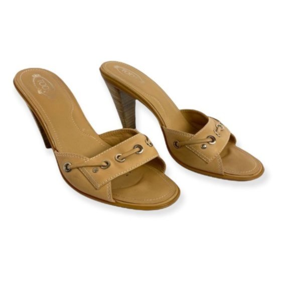 TODS Beige Tan Leather Classic Open Toe Heels Size 8.5 Wooden Block Heel Shoes - Picture 1 of 8